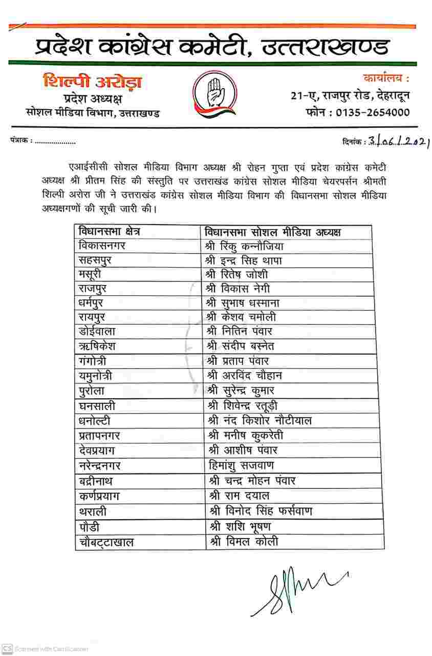 उत्तराखंड कांग्रेस ने की सोशल मीडिया विभाग के प्रभारियों की सूची जारी 2 Hello Uttarakhand News »