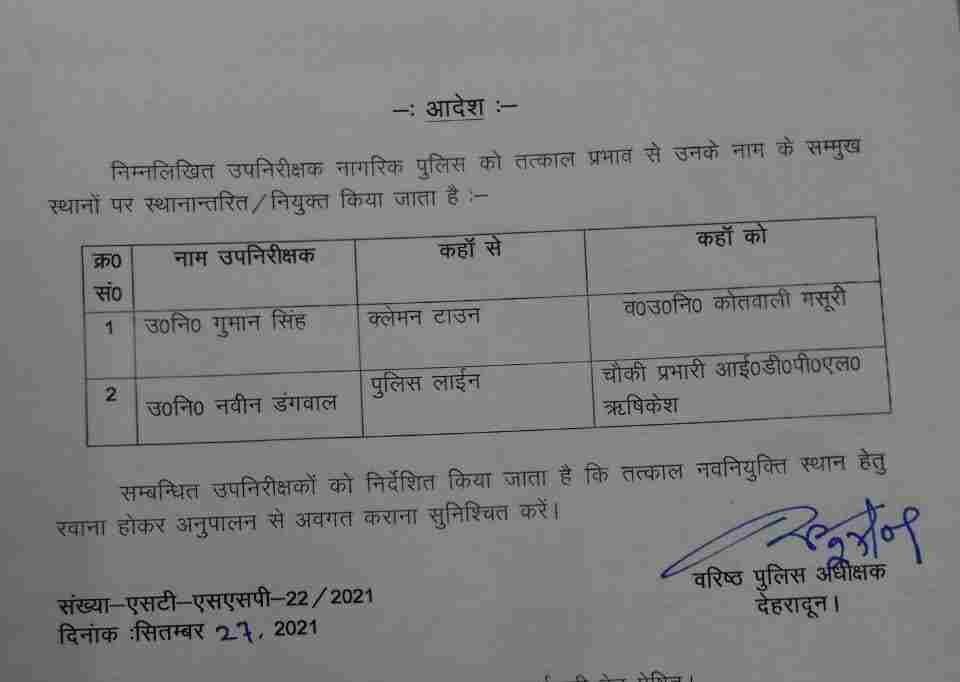 Dehradun: दून एसएसपी ने आज फिर निरीक्षकों व उप निरीक्षकों के किए तबादले 3 Hello Uttarakhand News »