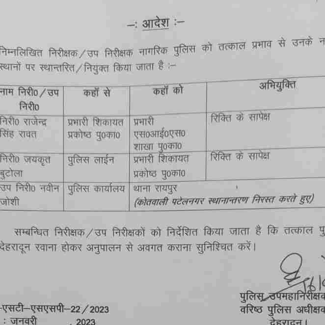 Dehradun: देहरादून में निरीक्षकों व उप निरीक्षकों के किए गए बंपर फेरबदल 2 Hello Uttarakhand News »